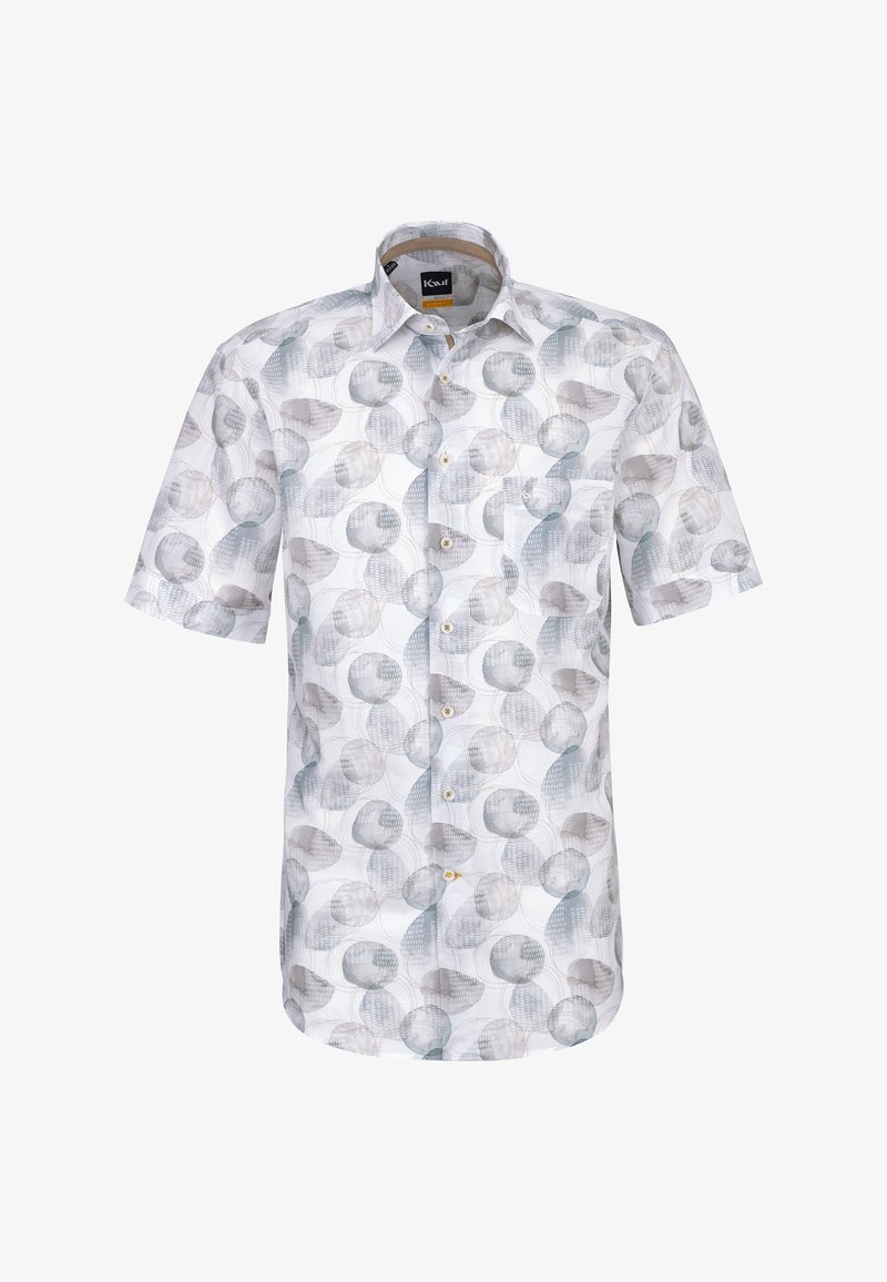 Chemise pour homme à manches courtes avec un motif abstrait circulaire gris et bleu clair et une poche poitrine avant.