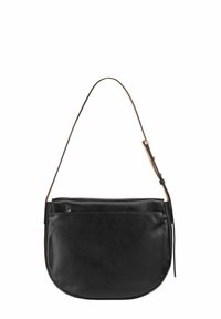 Borsa a spalla in pelle nera con una texture liscia, forma curvata e una tracolla rimovibile, dotata di una tasca con zip sulla parte anteriore.