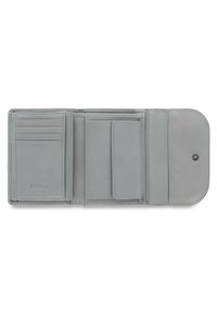 Gray leather wallet featuring multiple card slots, a central compartment, and a snap closure. Smooth texture with logo detail.
