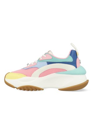 Multi-colored sneaker featuring mesh and synthetic materials, a chunky white sole, and pastel accents in pink, blue, and yellow.