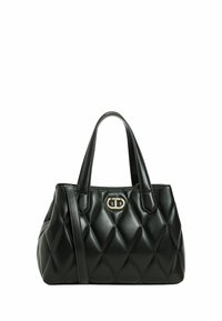 Borsa a tracolla nera imbottita in materiale sintetico liscio, con manici superiori doppi, accessori in tonalità oro e una forma strutturata.