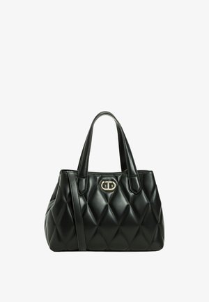 Borsa a tracolla nera imbottita in materiale sintetico liscio, con manici superiori doppi, accessori in tonalità oro e una forma strutturata.