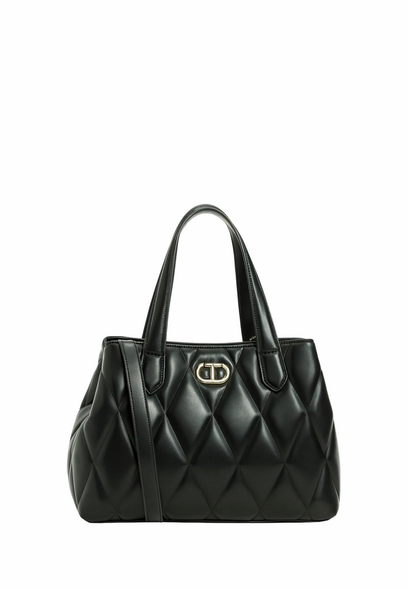 Borsa a tracolla nera imbottita in materiale sintetico liscio, con manici superiori doppi, accessori in tonalità oro e una forma strutturata.