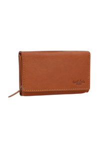 Brown leather wallet with a smooth texture, fold-over design, and a zipper detail. Features stitched edges and logo imprint.