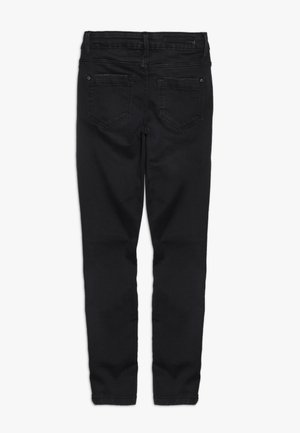 Sorte slim-fit jeans med to baglommer og bæltestropper, vist bagfra på en hvid baggrund.