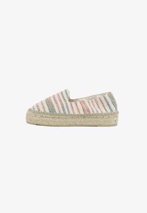 Espadrillas slip-on con strisce verticali multicolori, suola cucita in juta e punta arrotondata, mostrata di lato su sfondo bianco.