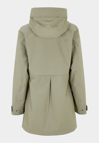 Vue de dos d'une veste imperméable vert olive clair avec capuche, manches longues, ventilation arrière et poignets ajustables à boutons.