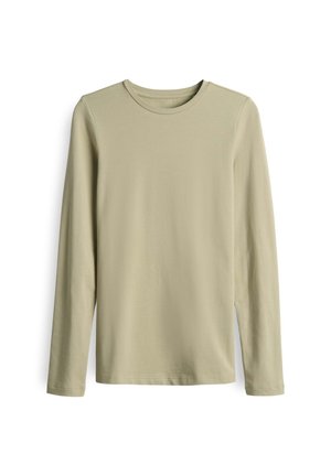 Langarm T-shirt in licht olijfgroen, gemaakt van zacht stof met een ronde hals, rechte snit en zonder zichtbare patronen of accenten.