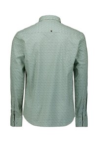 Langarmhemd in lichtgroen met een geometrisch patroon. Voorzien van een standaard kraag en knoopsluiting aan de achterkant. Van katoen.