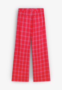 Red plaid wide-leg trousers with white grid pattern, featuring a high waist and textured fabric. Clean lines and casual design.