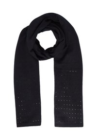 Écharpe en tricot noir avec une texture douce, présentant un motif en grille de petits accents réfléchissants le long de la moitié inférieure.