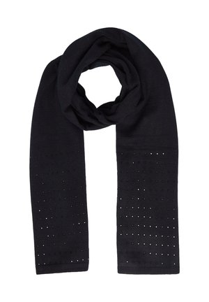 Sciarpa nera in maglia con una texture liscia, caratterizzata da un motivo a griglia di piccoli dettagli riflettenti lungo la metà inferiore.