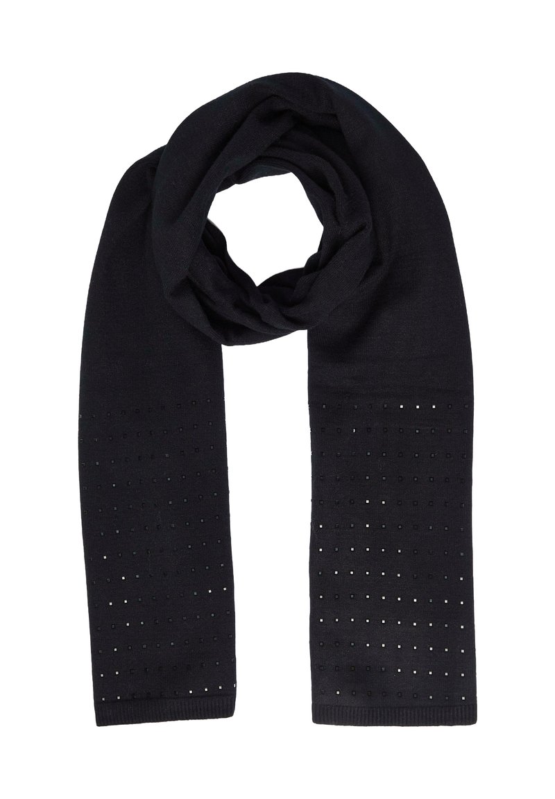 Écharpe en tricot noir avec une texture douce, présentant un motif en grille de petits accents réfléchissants le long de la moitié inférieure.