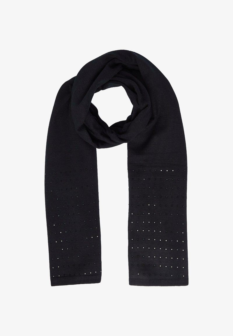 Écharpe en tricot noir avec une texture douce, présentant un motif en grille de petits accents réfléchissants le long de la moitié inférieure.