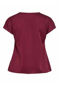 Blusa di raso bordeaux con maniche corte, scollatura rotonda e orlo leggermente svasato. Tessuto liscio senza motivi o dettagli visibili.