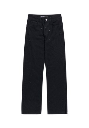 Jeans de denim negro con un patrón de zigzag texturizado, diseño de cinco bolsillos y un cierre de botón brillante. Corte recto con un acabado suave.
