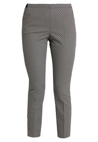 Černobílé kalhoty s elastickým střihem, které mají geometrický vzor, hladkou texturu a standardní pas s knoflíky.