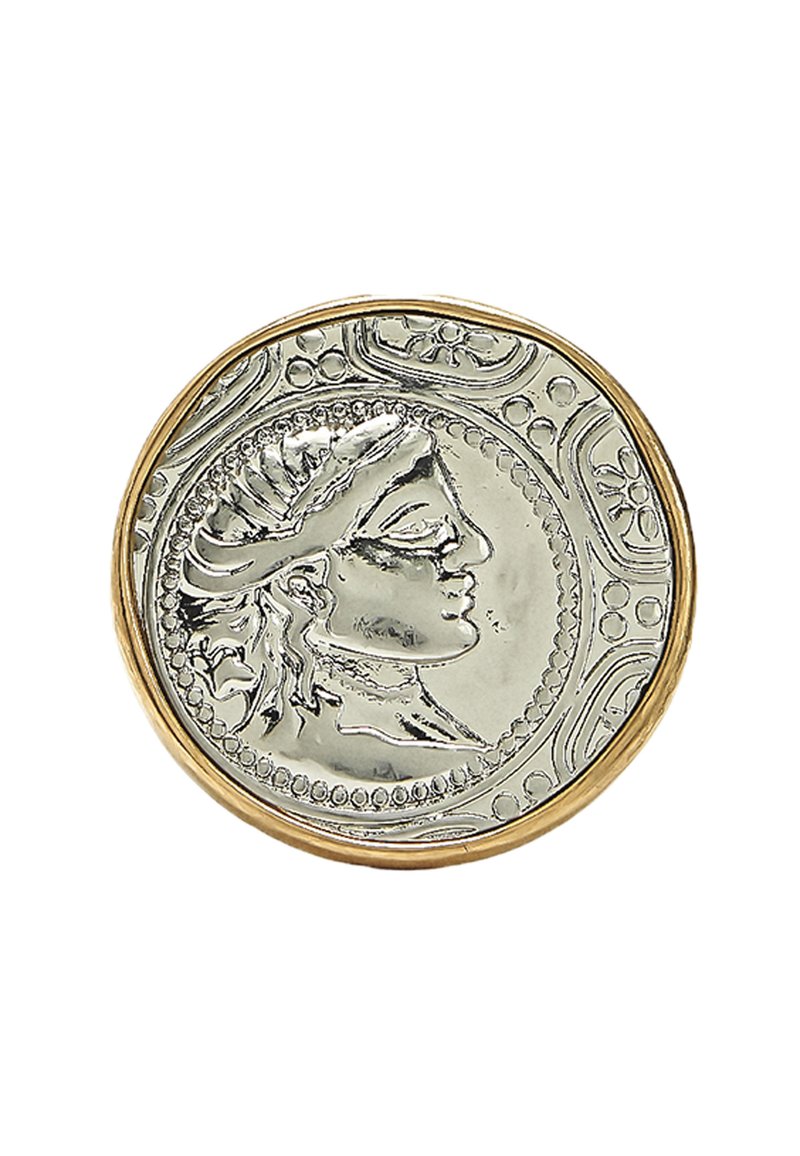 Projekt srebrnej monety z profilem postaci w wieńcu laurowym, otoczonej misternymi wzorami, osadzonej w złotej ramce.