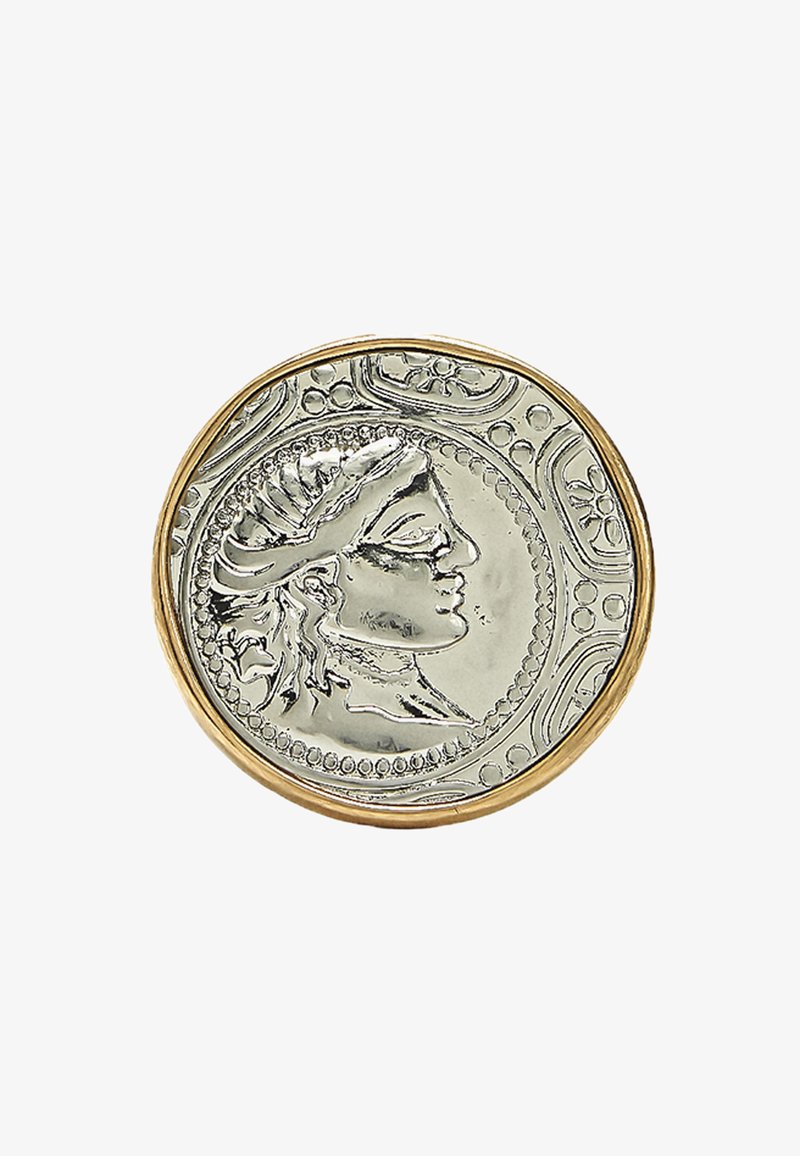 Projekt srebrnej monety z profilem postaci w wieńcu laurowym, otoczonej misternymi wzorami, osadzonej w złotej ramce.