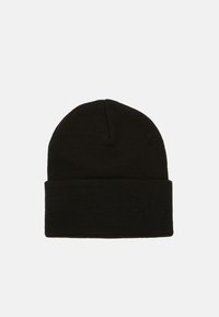 Gorro negro de lana hecho de tejido de punto, con un puño enrollado y una parte superior redondeada. Diseño simple sin patrones ni acentos.