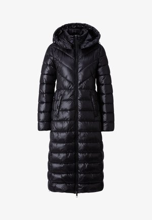 Must mustükk tihedusega must puffer jakk, kapuutsiga, pikk ja chevron õmblustega, küljetaskudega ning lukuga. Läikiv, isoleeritud kangas.