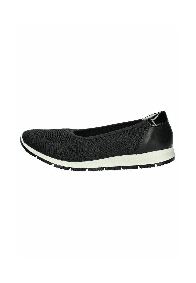 Ballerines noires avec une tige en tissu à motifs texturés, une semelle blanche robuste et un accent noir élégant au talon.