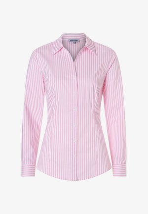 Langärmliges Hemd mit pink-weißen Streifen, spitzem Kragen, Knopfleiste und Manschettenärmeln. Hergestellt aus glattem Stoff.