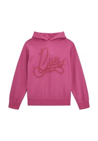 Pink cotton hoodie with a drawstring hood and ribbed cuffs. Features embossed "Guess Los Angeles" logo in a darker pink.
