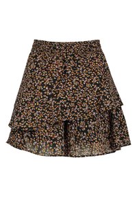 Svart blommig kjol med volanglager, prydd med flerfärgade små blommönster, elastisk midja och lätt tygkvalitet.