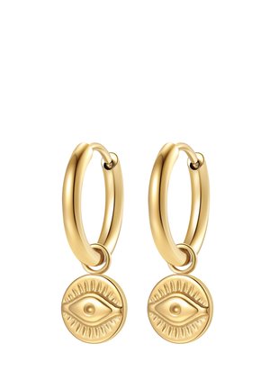 Pair of gold hoop earrings with round dangling charms featuring a raised eye design and radiating lines around the eye.