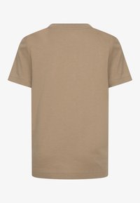 Tričko s krátkým rukávem v světle hnědé barvě z bavlny, s kulatým výstřihem a prošitým lemem. Zadní strana je hladká bez vzorů nebo designu.
