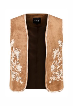 Gilet en daim couleur beige avec broderies florales blanches. Conception à l'avant ouvert, sans manches, détaillé par des coutures et de petites accents décoratifs.