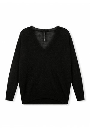 Maglione nero a V realizzato in morbido tessuto a maglia. Presenta una vestibilità rilassata con maniche lunghe e un orlo leggermente curvato. Nessun motivo o dettaglio visibile.