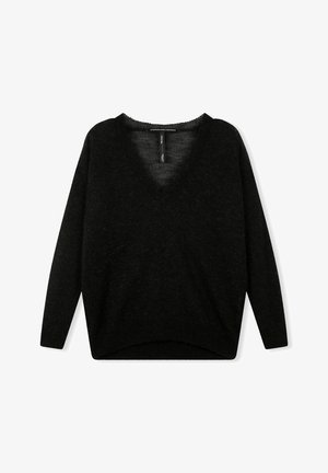 Suéter negro de pico hecho de una suave tela de punto. Presenta un corte relajado con mangas largas y un dobladillo ligeramente curvado. Sin patrones o acentos visibles.