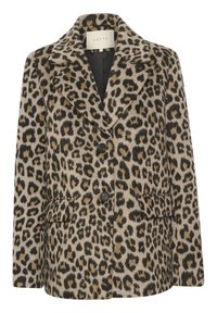 Blazer in misto lana con stampa leopardata, collo a revers, due bottoni neri, tasche anteriori a toppa e foderato in nero.