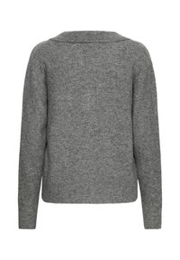 Siv genski pulover z širokim ovratnikom, dolgimi rokavi in skrajnim dizajnom. Tekstuirana tkanina nudi mehak in udoben videz.