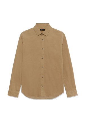 Camicia a maniche lunghe color marrone chiaro in tessuto morbido. Presenta una chiusura con bottoni frontale, colletto e una trama sottile con bottoni scuri. Orlo arrotondato.