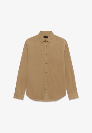 Svetlo rjava, s dolgimi rokavi, majica iz mehkega materiala. Ima gumbasto zapiranje spredaj, ovratnik in subtilno teksturo s temnimi gumbi. Zaobljen rob.