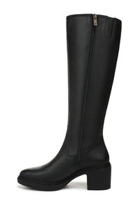 Black knee-high boot made of textured synthetic leather, featuring a side zipper, block heel, and smooth rounded toe.