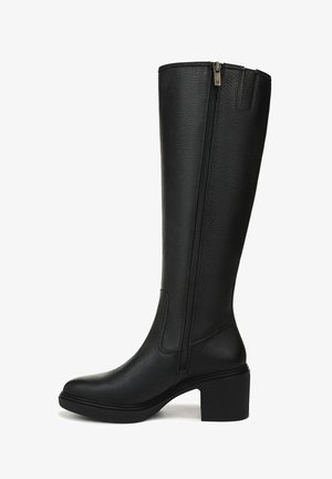 Black knee-high boot made of textured synthetic leather, featuring a side zipper, block heel, and smooth rounded toe.