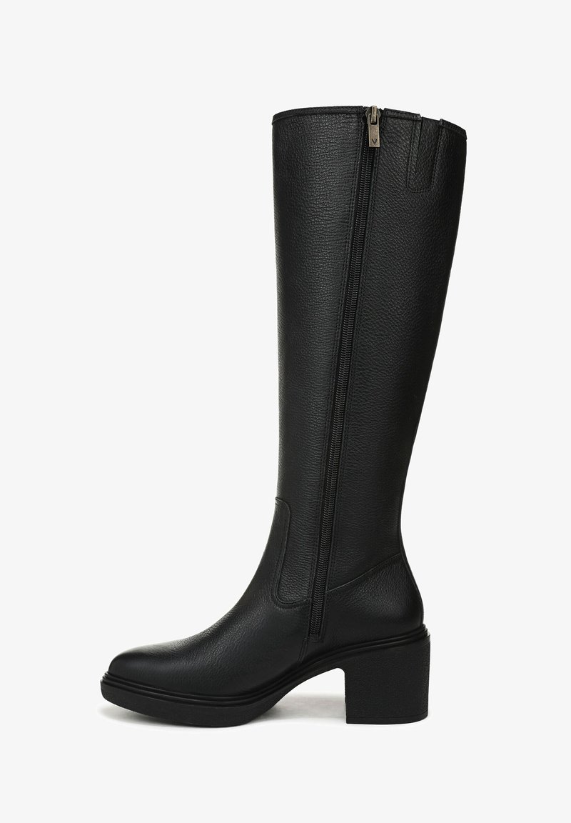 Black knee-high boot made of textured synthetic leather, featuring a side zipper, block heel, and smooth rounded toe.
