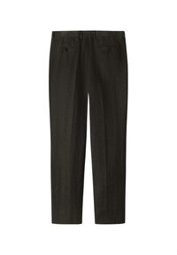 Pantaloni dritti grigio scuro realizzati in tessuto testurizzato, con due tasche posteriori con bottoni e dettagli di cucitura minimalista.