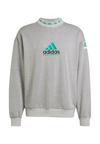 Grauer Sweatshirt aus weichem Material, mit hohem Kragen, türkisfarbenem Adidas-Logo und kontrastierenden Akzenten an den Bündchen und am Kragen.