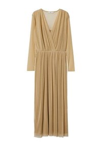 Robe longue beige en tissu pailleté. Elle présente un décolleté en V, des manches longues et une jupe plissée. Design simple avec une texture fluide.