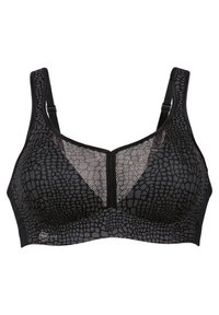 Zwarte sportbeha met een gestructureerd reptielpatroon, meshpanelen aan de voorkant, verstelbare bandjes en gladde randen voor comfort.