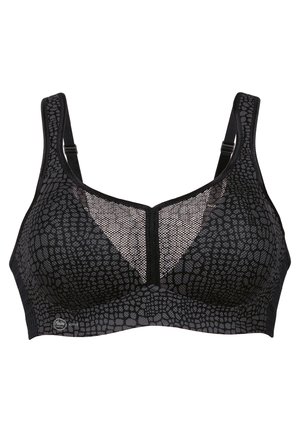 Schwarzer Sport-BH mit strukturiertem Reptil-Muster, Netzpaneelen an der Vorderseite, verstellbaren Trägern und glatten Kanten für hohen Tragekomfort.