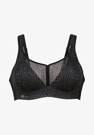 Schwarzer Sport-BH mit strukturiertem Reptil-Muster, Netzpaneelen an der Vorderseite, verstellbaren Trägern und glatten Kanten für hohen Tragekomfort.