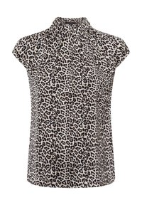 Tiermuster-Bluse aus leichtem Stoff mit hohem Kragen, kurzen Ärmeln und einem beigen Hintergrund mit schwarzen Leopardenflecken.