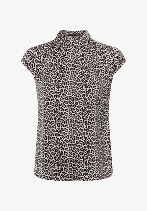 Animal print blouse in lightweight fabric, featuring a high collar, short sleeves, and a beige background with black leopard spots.