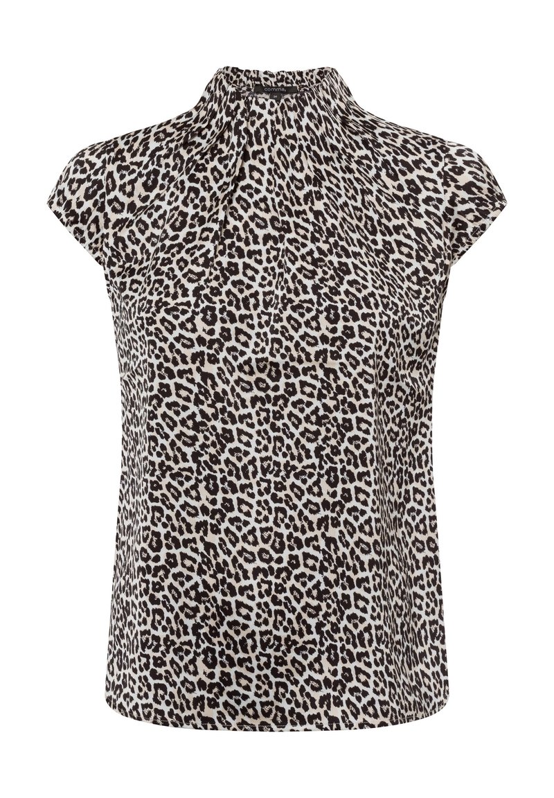 Tiermuster-Bluse aus leichtem Stoff mit hohem Kragen, kurzen Ärmeln und einem beigen Hintergrund mit schwarzen Leopardenflecken.